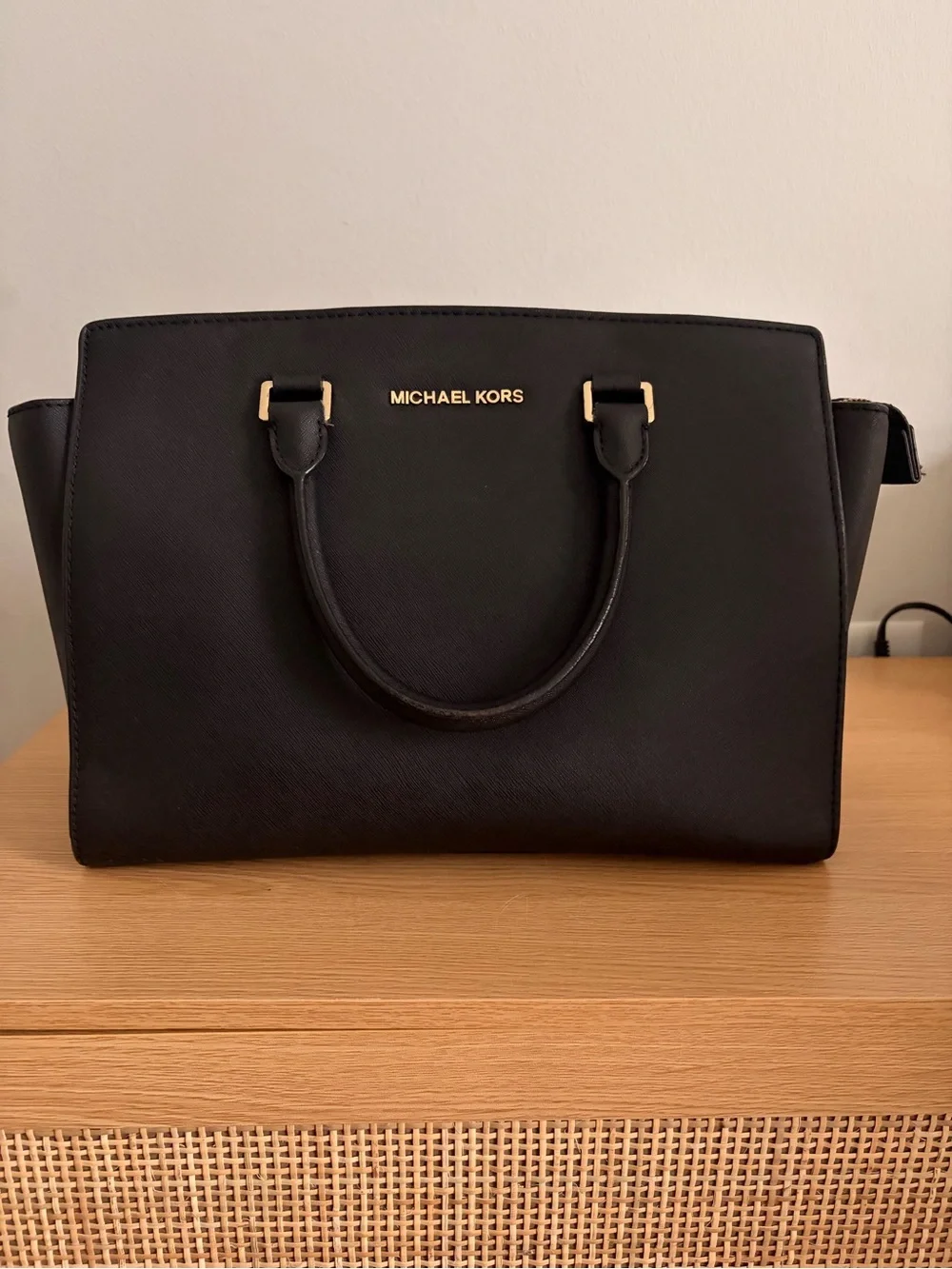 MICHAEL KORS Selma Black Saffiano Leather Satchel with Gold Hardware